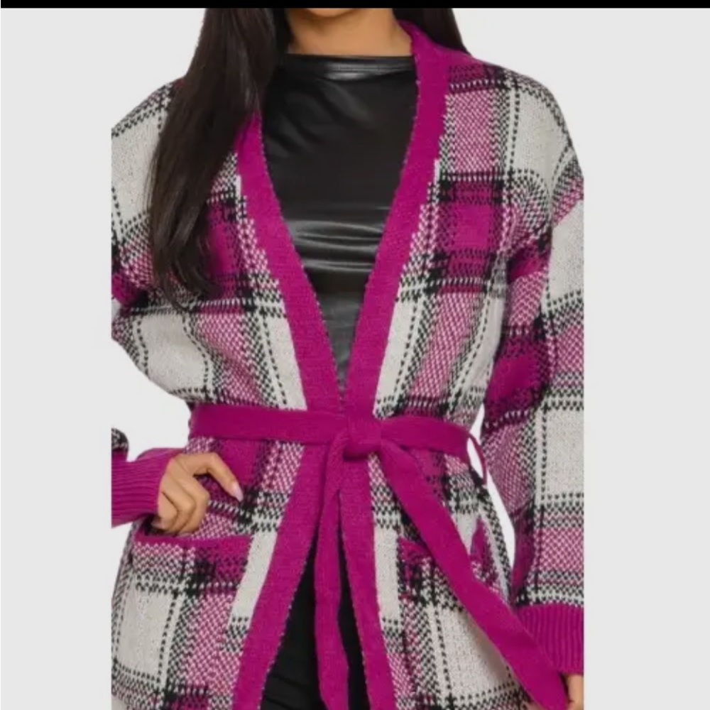 0043. Plaid Long Cardigan with Belt - Picture 4 of 4